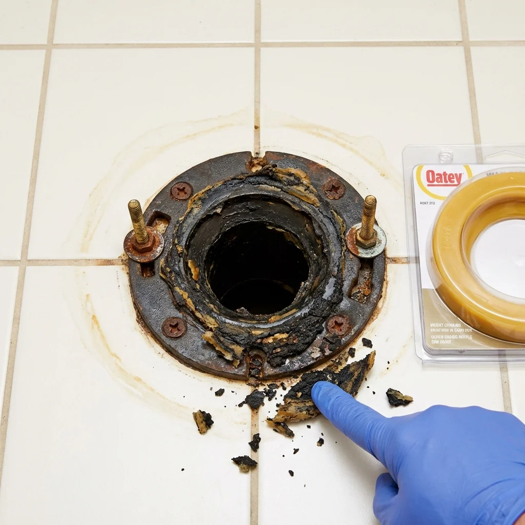 Failed wax ring showing water seepage at the base of a toilet in a Harrisburg, NE home