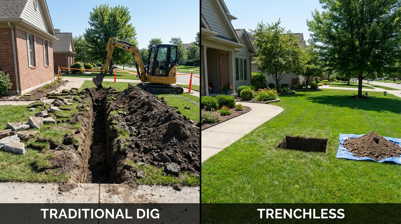 Trenchless sewer repair with minimal yard damage versus traditional excavation in Harrisburg, NE