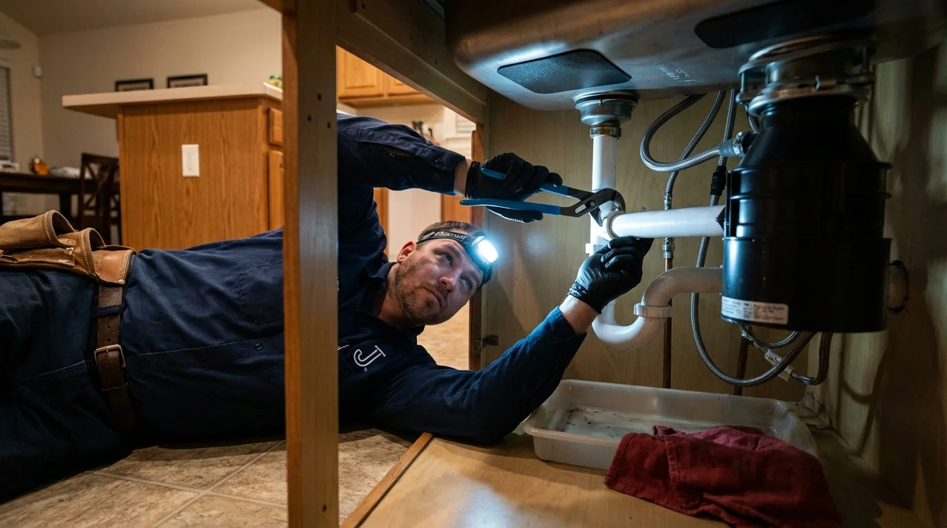 P-trap and supply line connections under a kitchen sink showing a common leak point in Harrisburg, NE